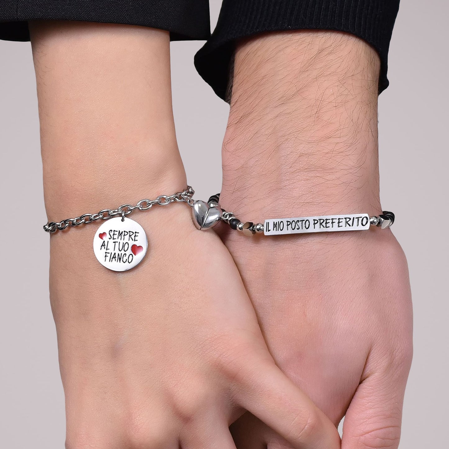 PULSERA DE PAREJA DE ACERO CON IMÁN DE CORAZÓN