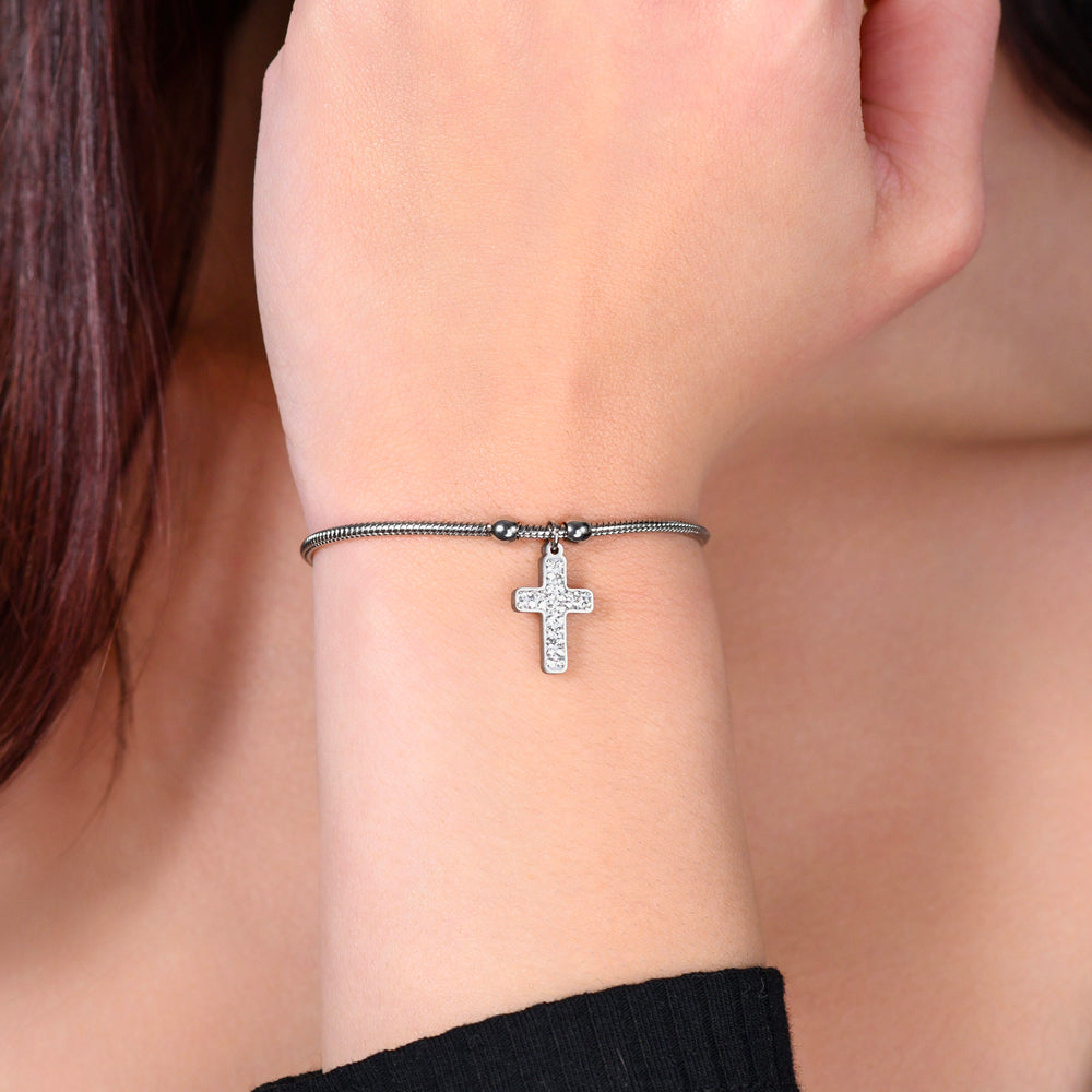 BRAZALETE DE ACERO PARA MUJER CON CRUZ