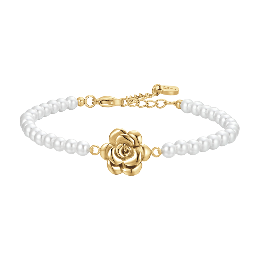 ACERO IP ORO PERLAS Y ROSA PULSERA DE MUJER