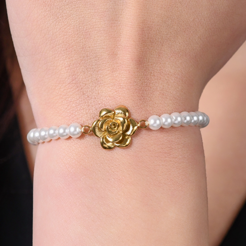ACERO IP ORO PERLAS Y ROSA PULSERA DE MUJER
