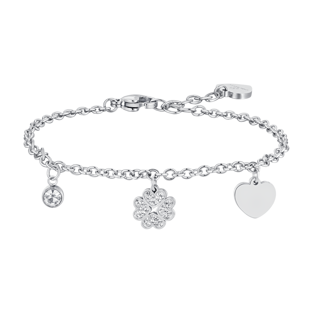 PULSERA DE ACERO PARA MUJER TRÉBOL DE CUATRO HOJAS Y CORAZÓN
