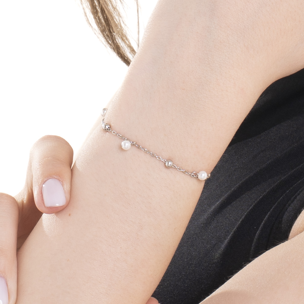 PULSERA DE ACERO PARA MUJER CON PERLAS BLANCAS