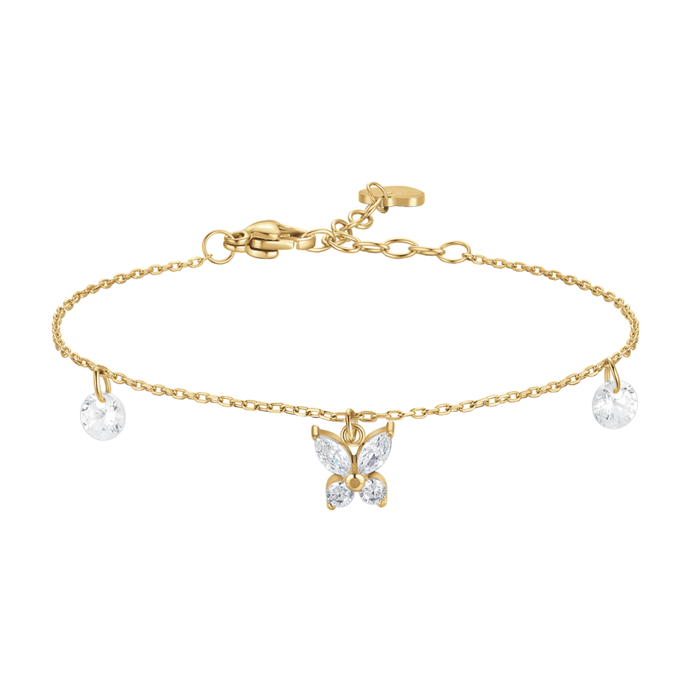 BRACCIALE DONNA IN ACCIAIO COLORE ORO CON PENDENTE FARFALLA ED ALI ZIRCONE BIANC