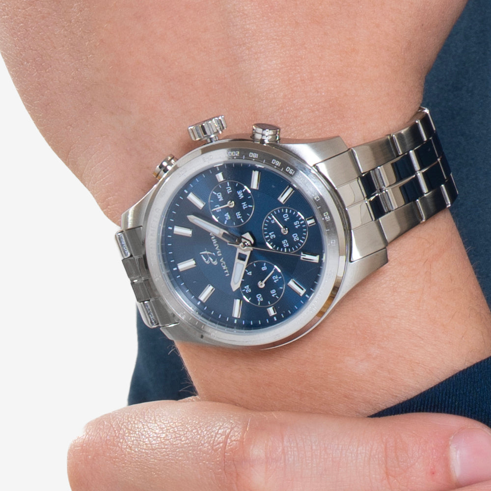 RELOJ DE ACERO PARA HOMBRE CON ESFERA AZUL Y BISEL PLATEADO