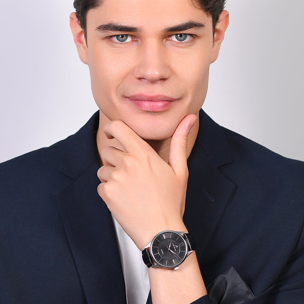 RELOJ DE ACERO PARA HOMBRE CON CORREA DE PIEL NEGRA