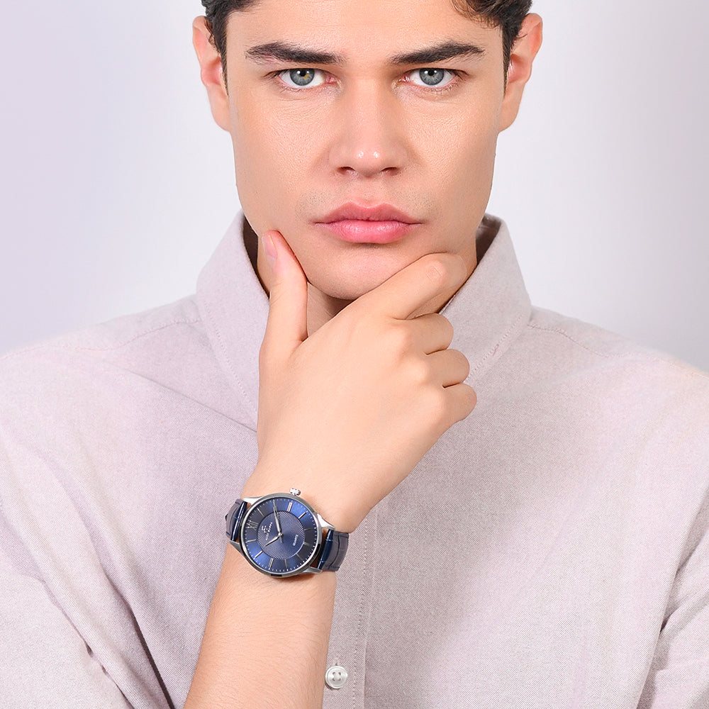 RELOJ DE ACERO PARA HOMBRE CON CORREA DE PIEL AZUL