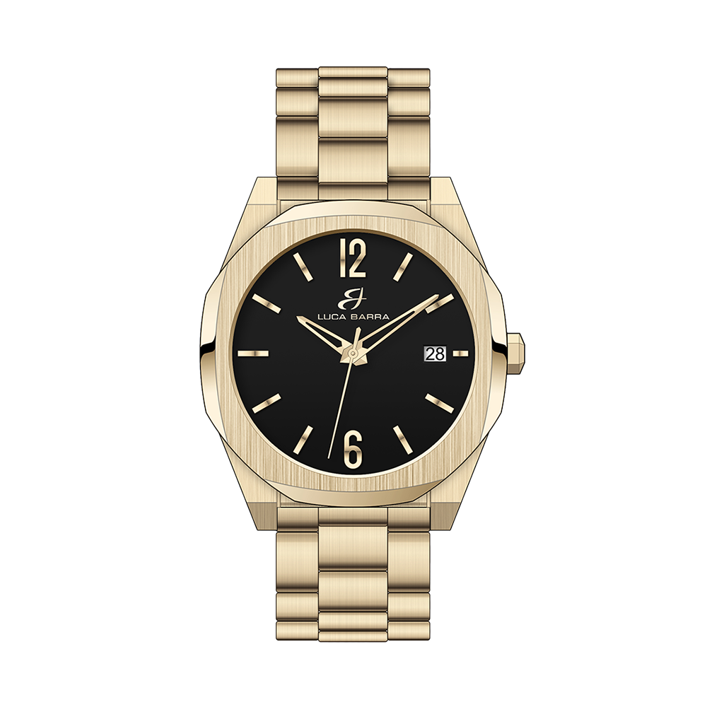 RELOJ CON CAJA DE ACERO IP ORO ESFERA NEGRA PULSERA DE ORO