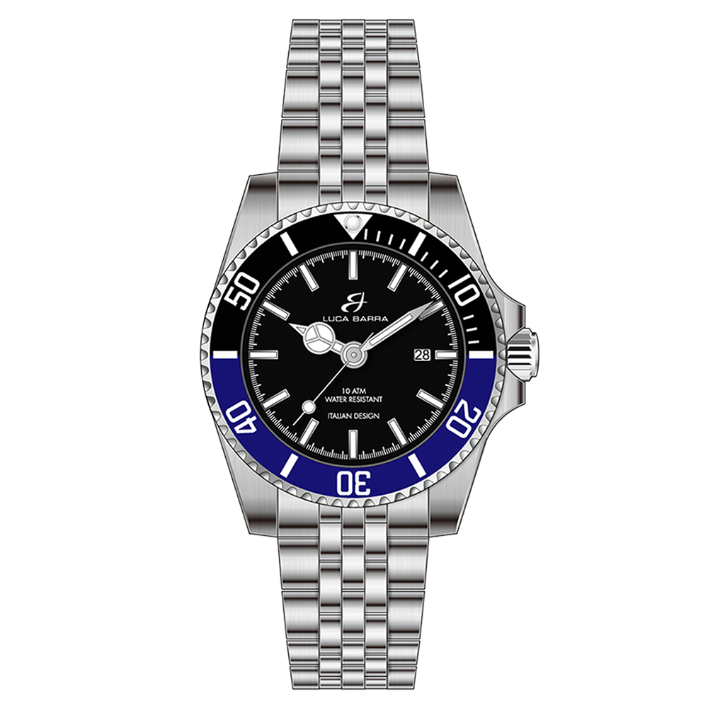 RELOJ CON CAJA DE ACERO ESFERA NEGRA BISEL NEGRO Y AZUL