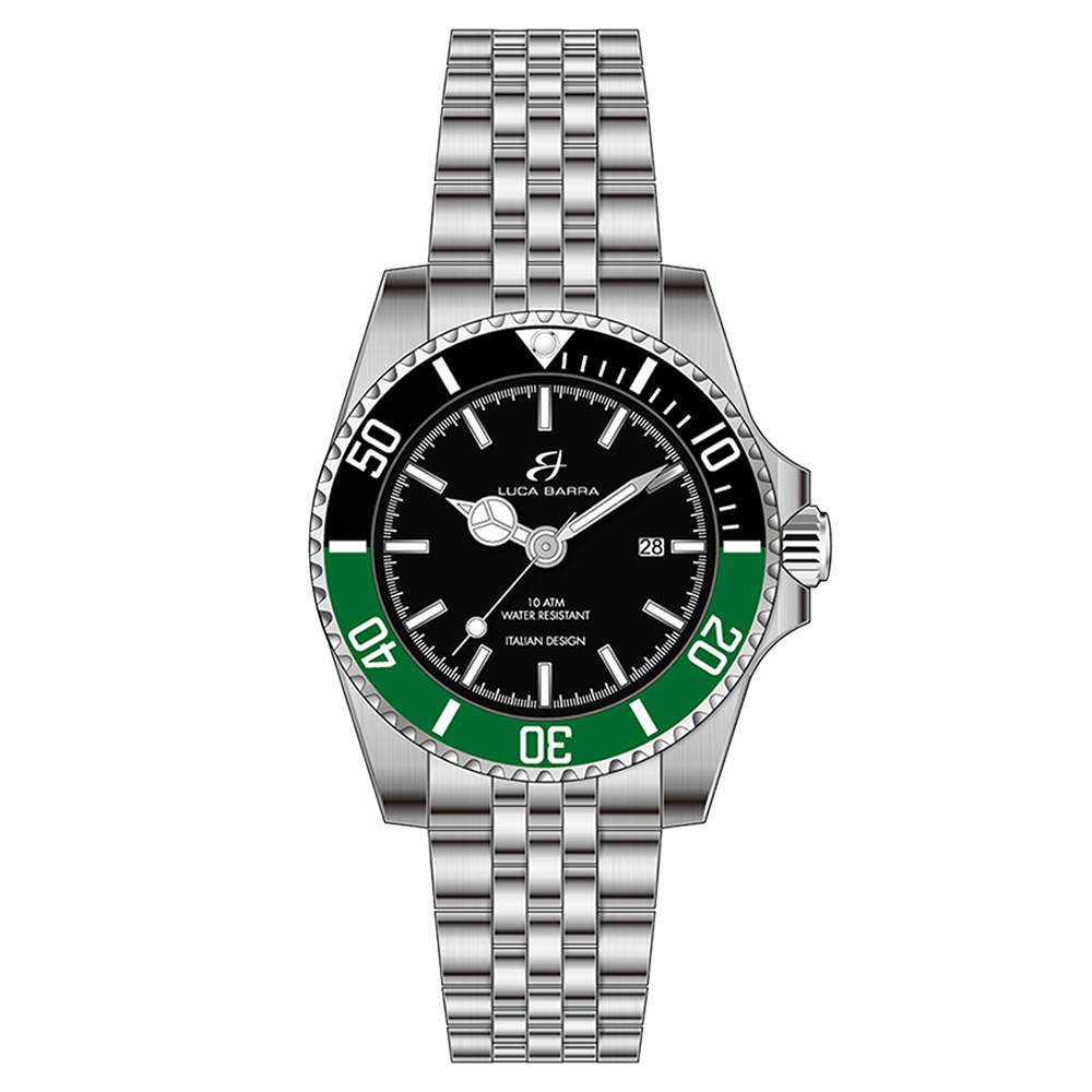 RELOJ CON CAJA DE ACERO ESFERA NEGRA BISEL NEGRO Y VERDE