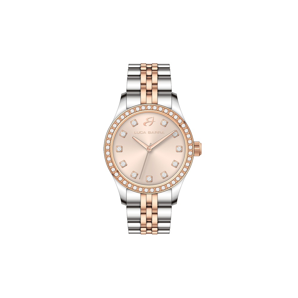 RELOJ DE ACERO PARA SEÑORA CON ESFERA ROSA IP Y BISEL DE CRISTAL BLANCO