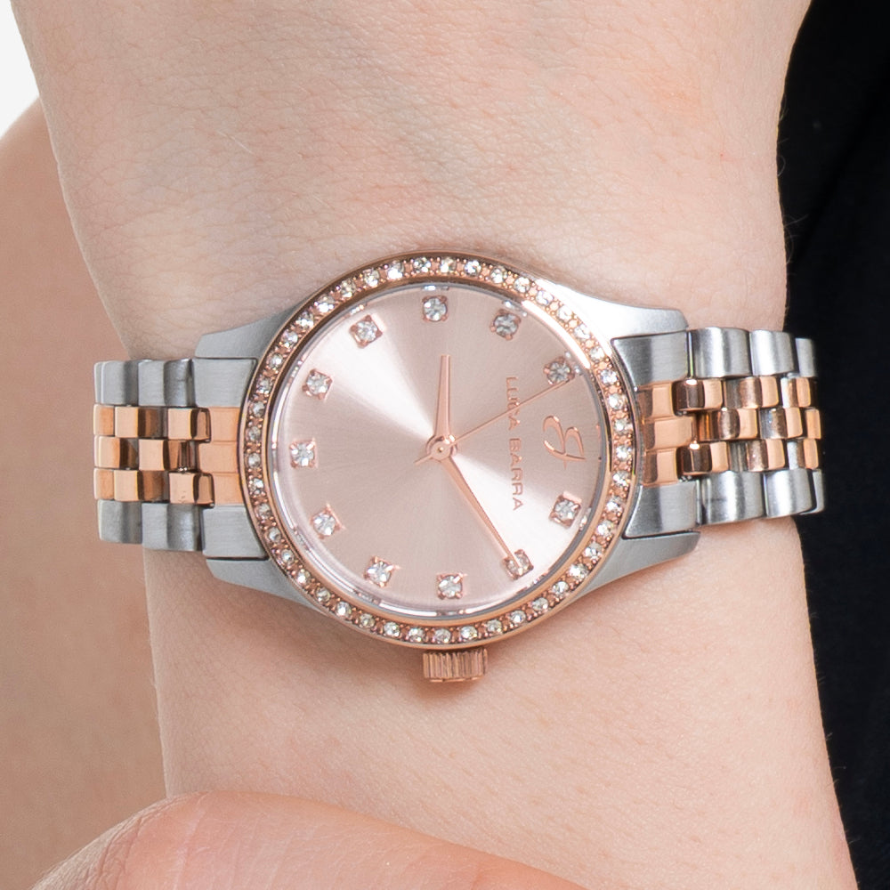 RELOJ DE ACERO PARA SEÑORA CON ESFERA ROSA IP Y BISEL DE CRISTAL BLANCO