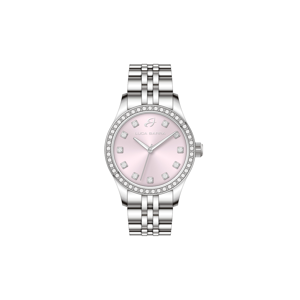 RELOJ DE ACERO PARA MUJER CON ESFERA ROSA Y BISEL DE CRISTAL BLANCO