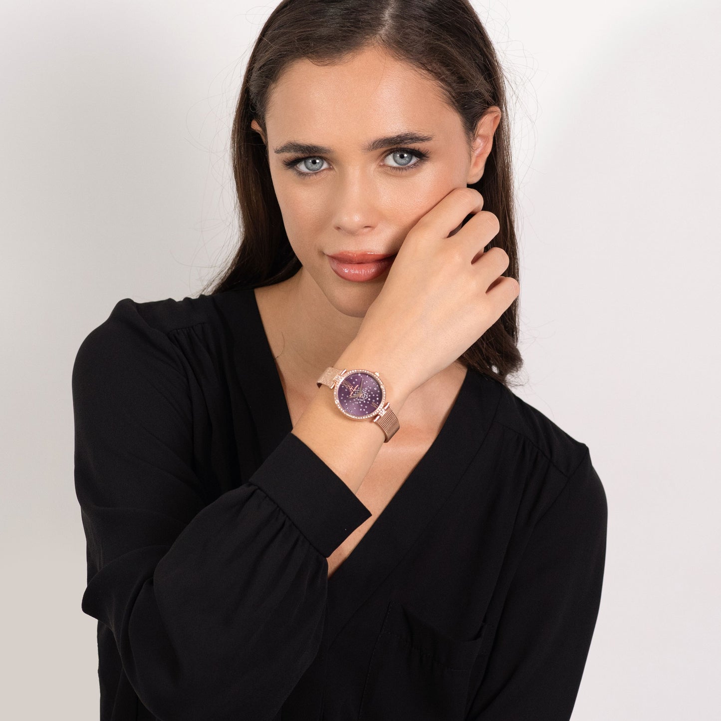 RELOJ MUJER IP ACERO ROSA ESFERA MORADA BISEL CON CRISTALES BLANCOS