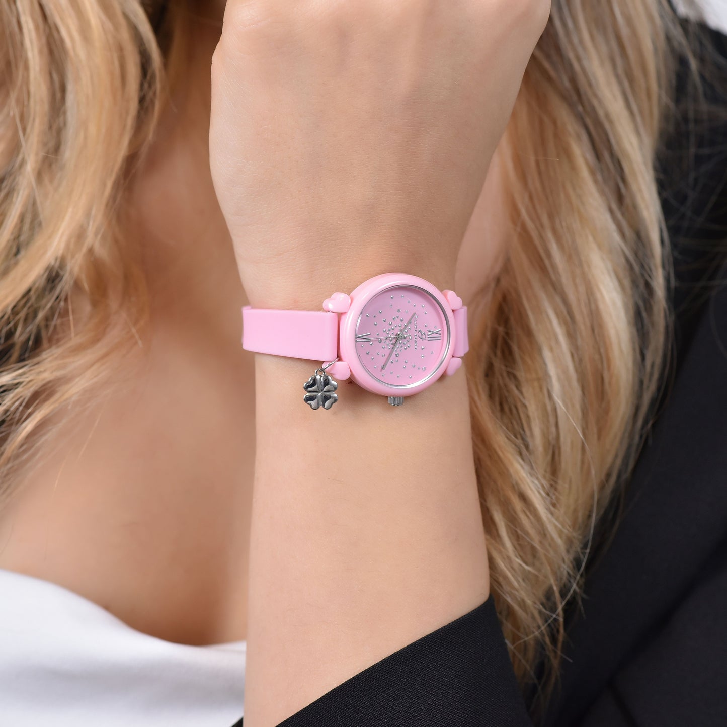 RELOJ DE MUJER DE SILICONA LILA Y CRISTALES BLANCOS