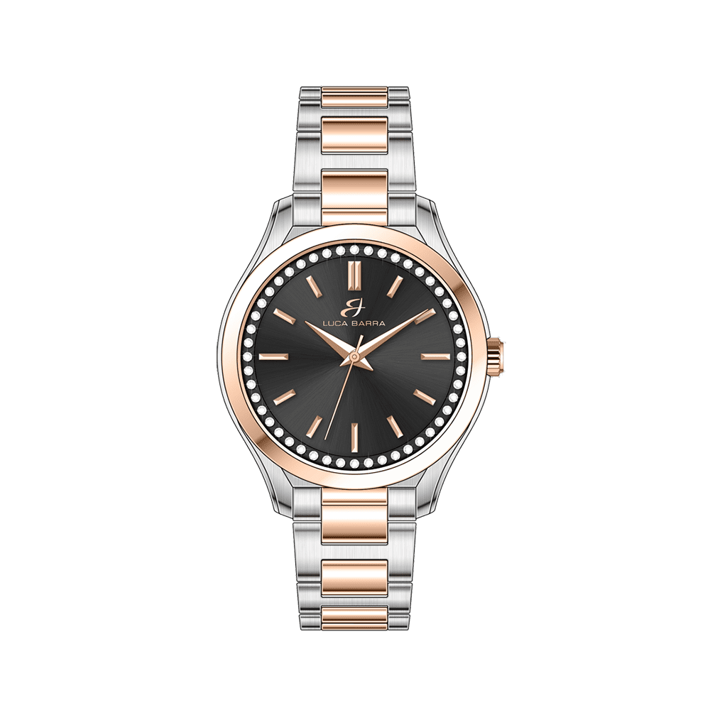 RELOJ DE ACERO PARA MUJER CON BISEL NEGRO Y ORO IP