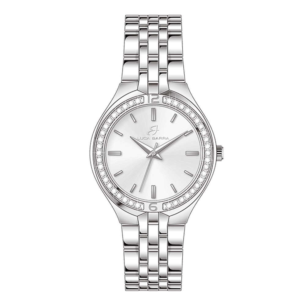 RELOJ DE ACERO PARA MUJER CON BISEL DE CRISTAL BLANCO