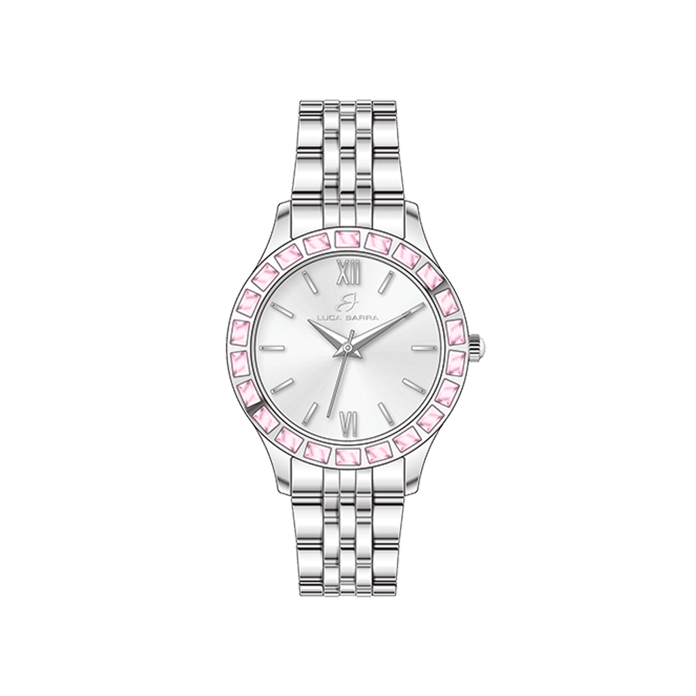 RELOJ DE ACERO PARA MUJER CON BISEL DE CRISTAL ROSA