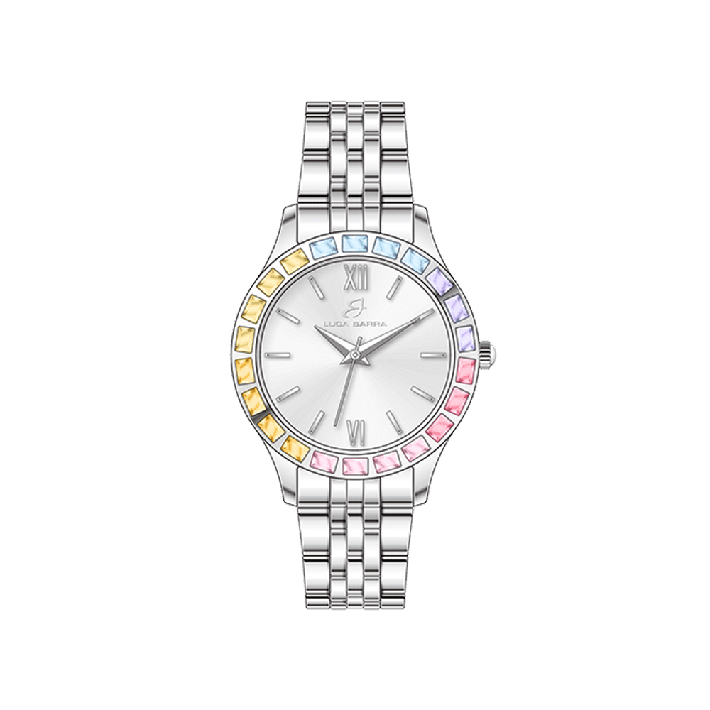 RELOJ DE ACERO PARA MUJER CON BISEL DE CRISTAL MULTICOLOR