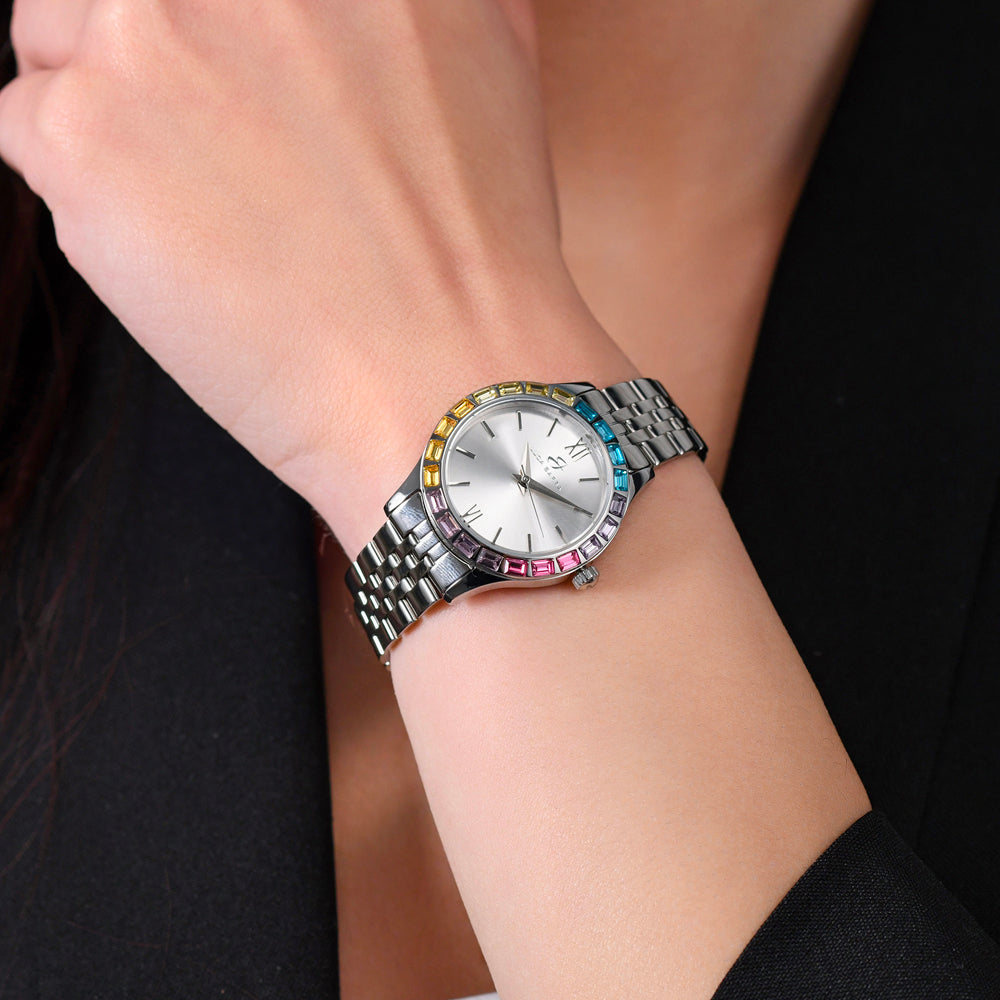 RELOJ DE ACERO PARA MUJER CON BISEL DE CRISTAL MULTICOLOR