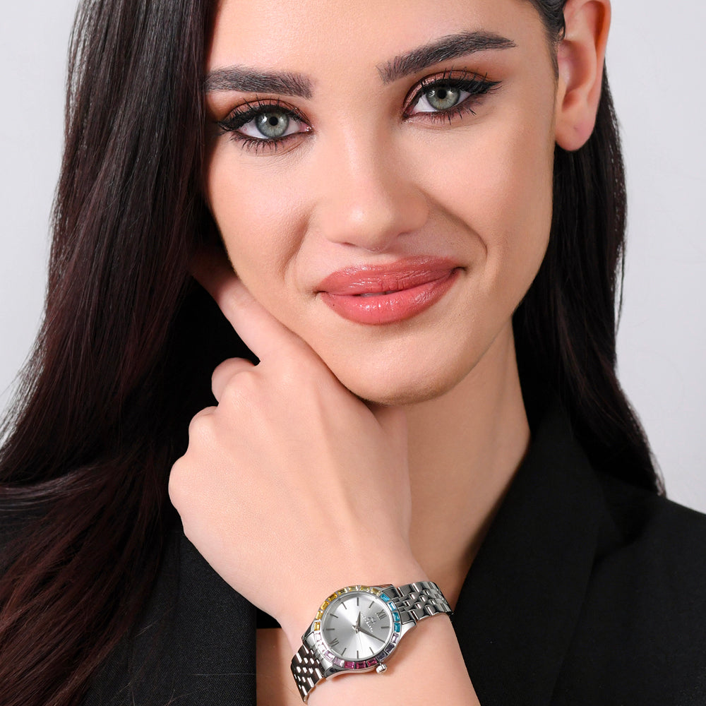 RELOJ DE ACERO PARA MUJER CON BISEL DE CRISTAL MULTICOLOR