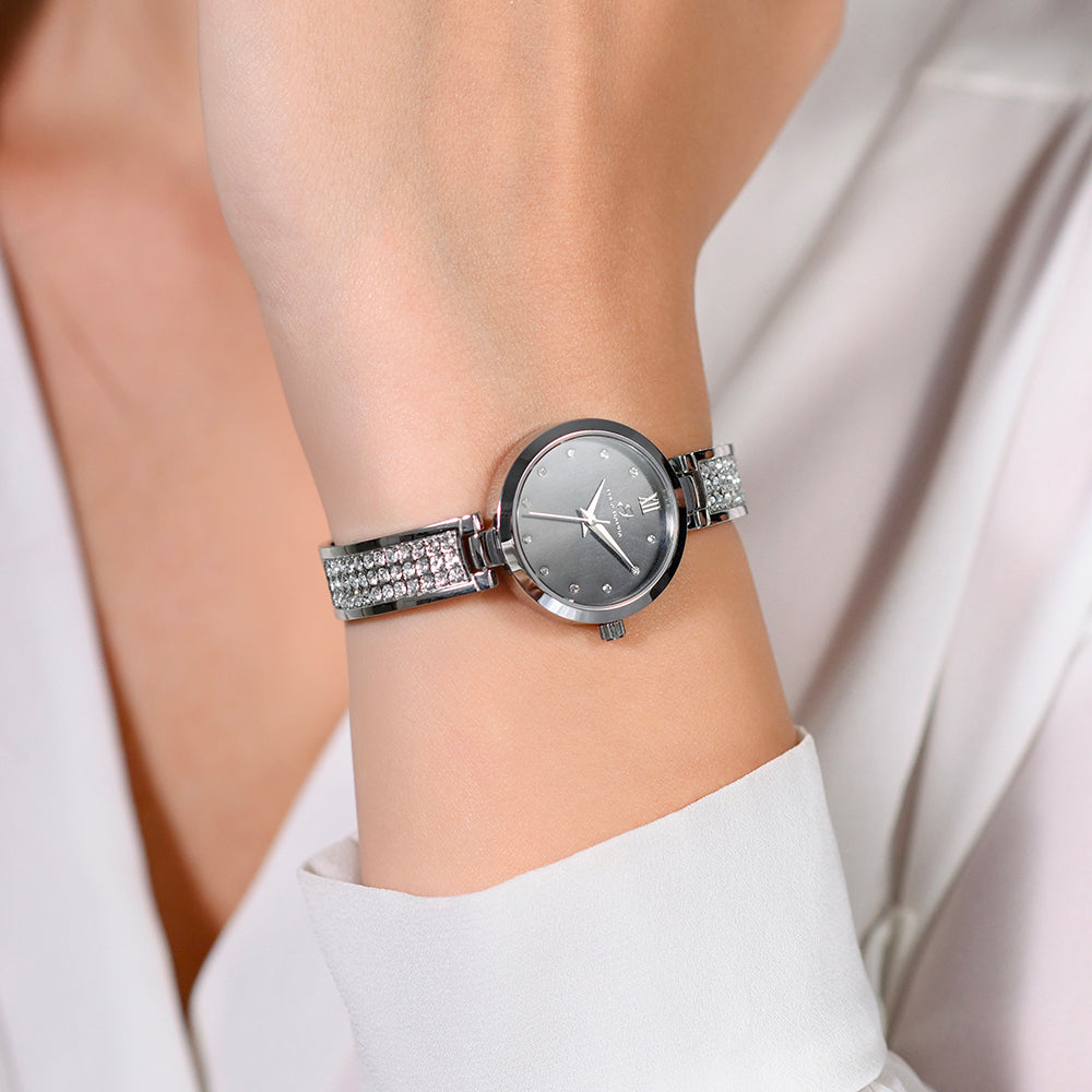 RELOJ DE MUJER DE ACERO CRISTALINO CON ESFERA NEGRA