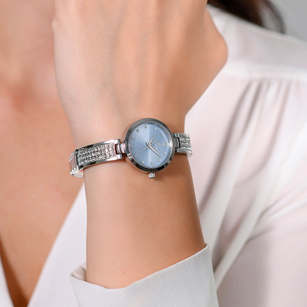 RELOJ DE CRISTAL DE ACERO PARA MUJER CON ESFERA AZUL CLARO