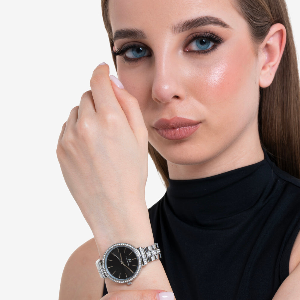 RELOJ DE MUJER DE ACERO CRISTALINO CON BISEL Y ESFERA NEGROS