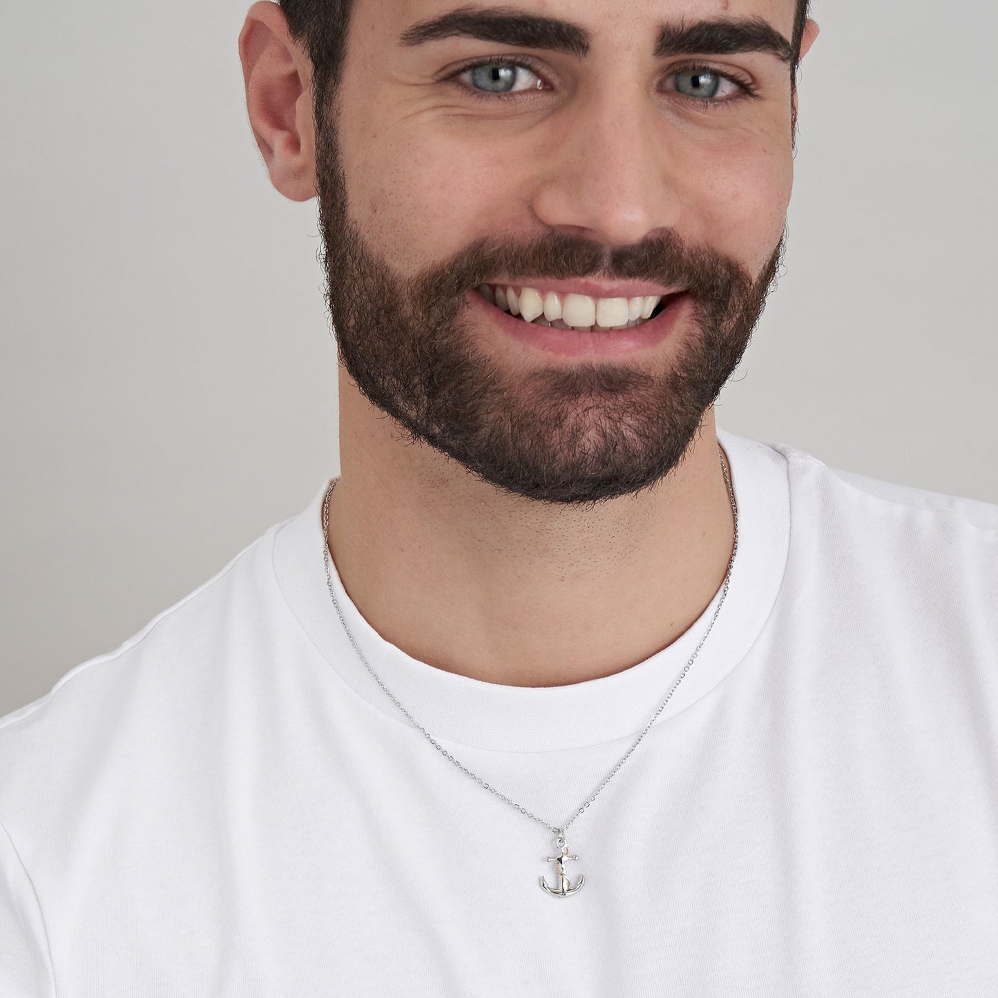 COLLAR DE ACERO PARA HOMBRES CON ANCLA ROSA IP Y ELEMENTOS DE PLATA