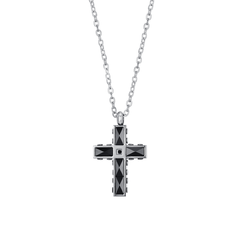COLLAR CRUZ DE HOMBRE DE ACERO Y CERÁMICA NEGRA CON CRISTAL NEGRO