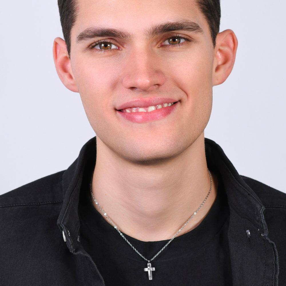 COLLAR DE ACERO CON CRUZ Y CIRCONITAS PARA HOMBRE