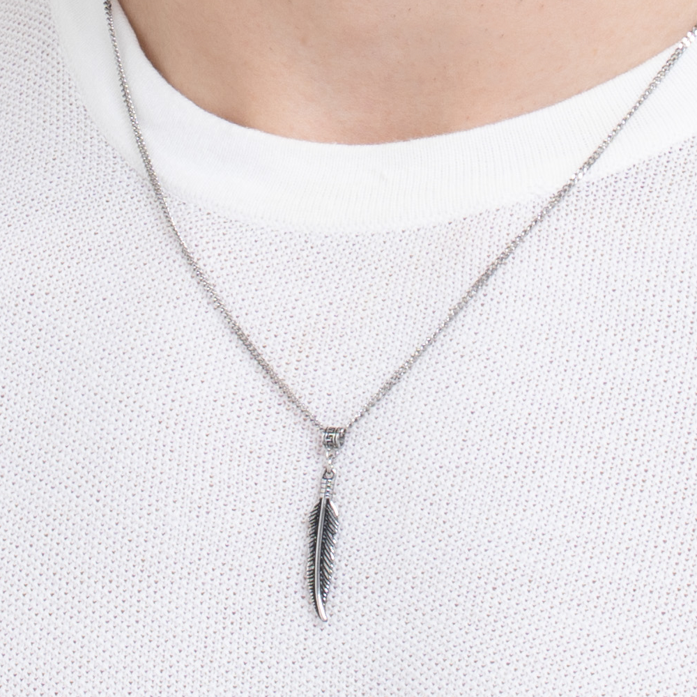 COLLANA UOMO IN ACCIAIO CON PIUMA