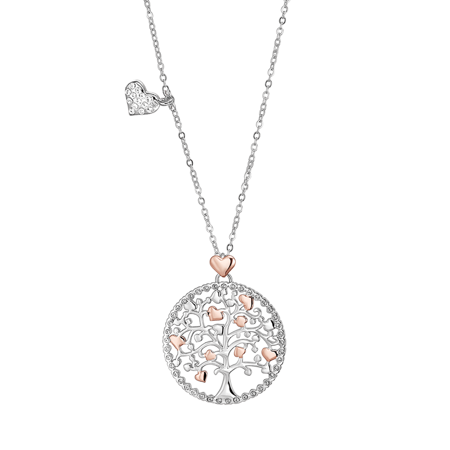 COLLAR DE ACERO PARA MUJER, ÁRBOL DE LA VIDA CON CORAZONES DE ROSA