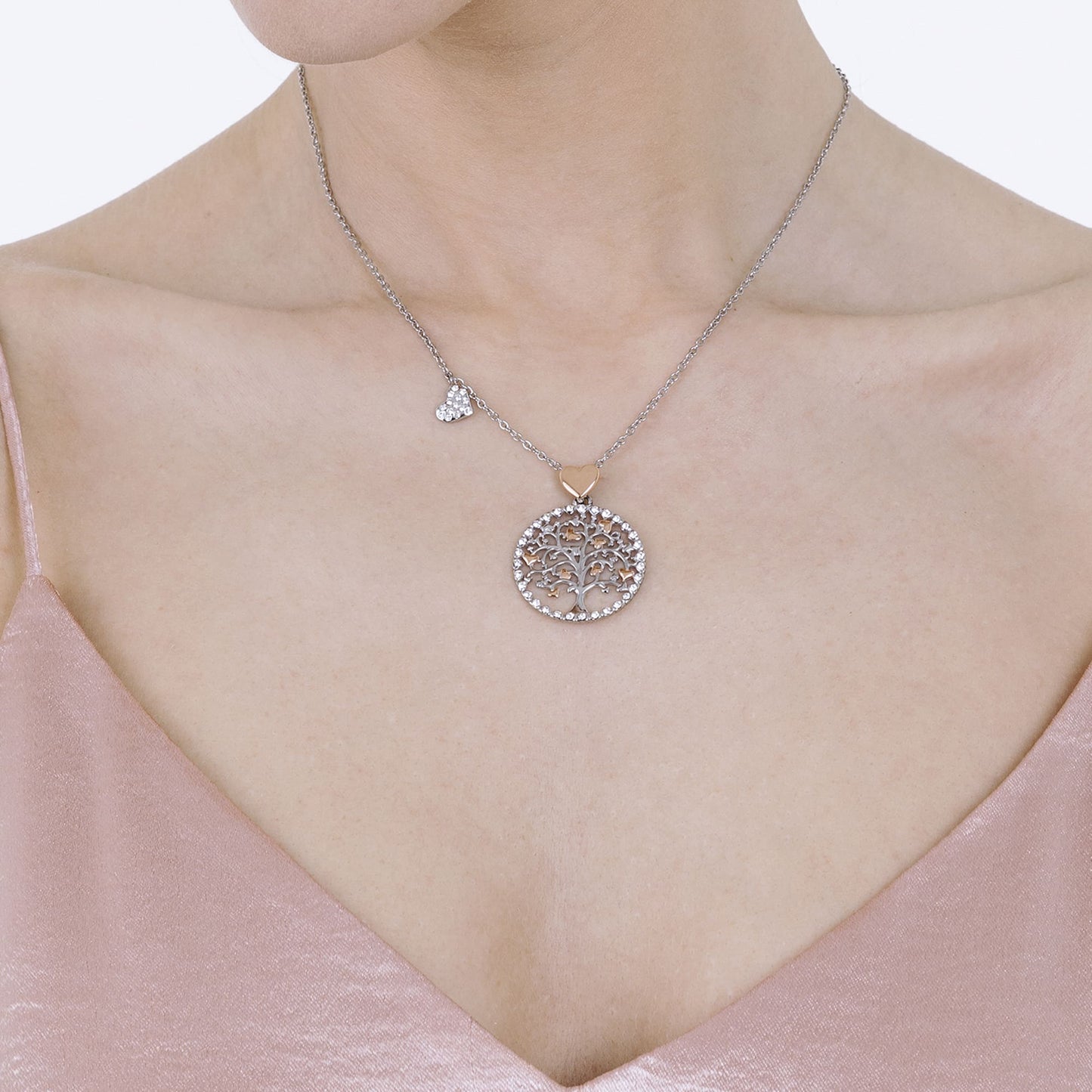 COLLAR DE ACERO PARA MUJER, ÁRBOL DE LA VIDA CON CORAZONES DE ROSA