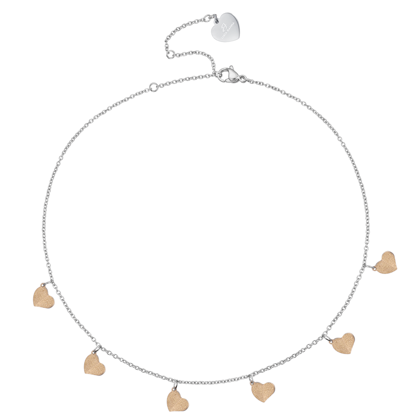 COLLAR DE ACERO CON CORAZONES Y PURPURINA DORADA IP