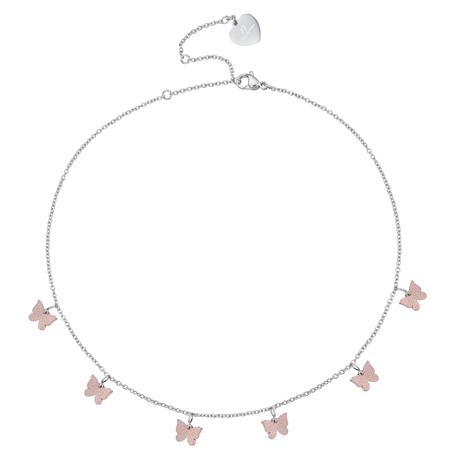 COLLAR DE ACERO CON MARIPOSAS Y ROSAS DE PURPURINA IP
