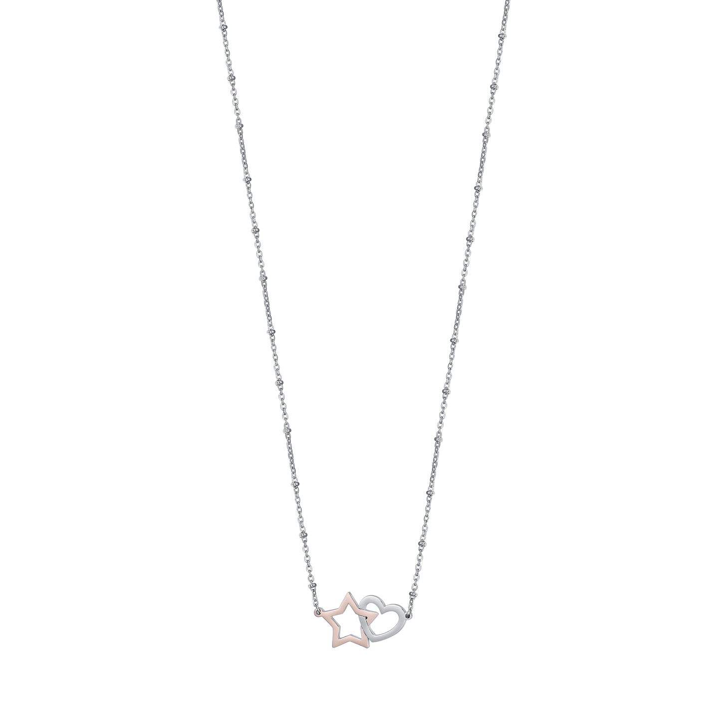 COLLAR DE ACERO CON CORAZÓN DE ACERO Y ESTRELLA DE ACERO IP ROSA