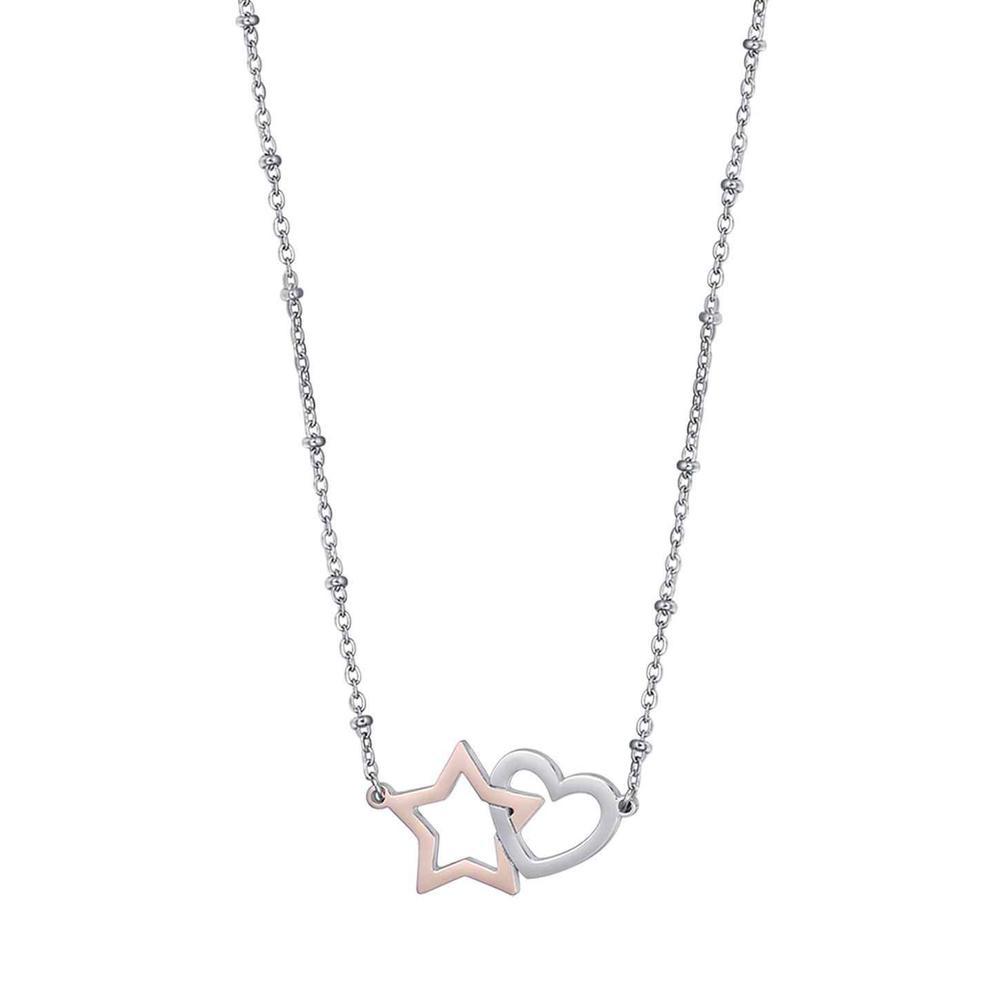 COLLAR DE ACERO CON CORAZÓN DE ACERO Y ESTRELLA DE ACERO IP ROSA