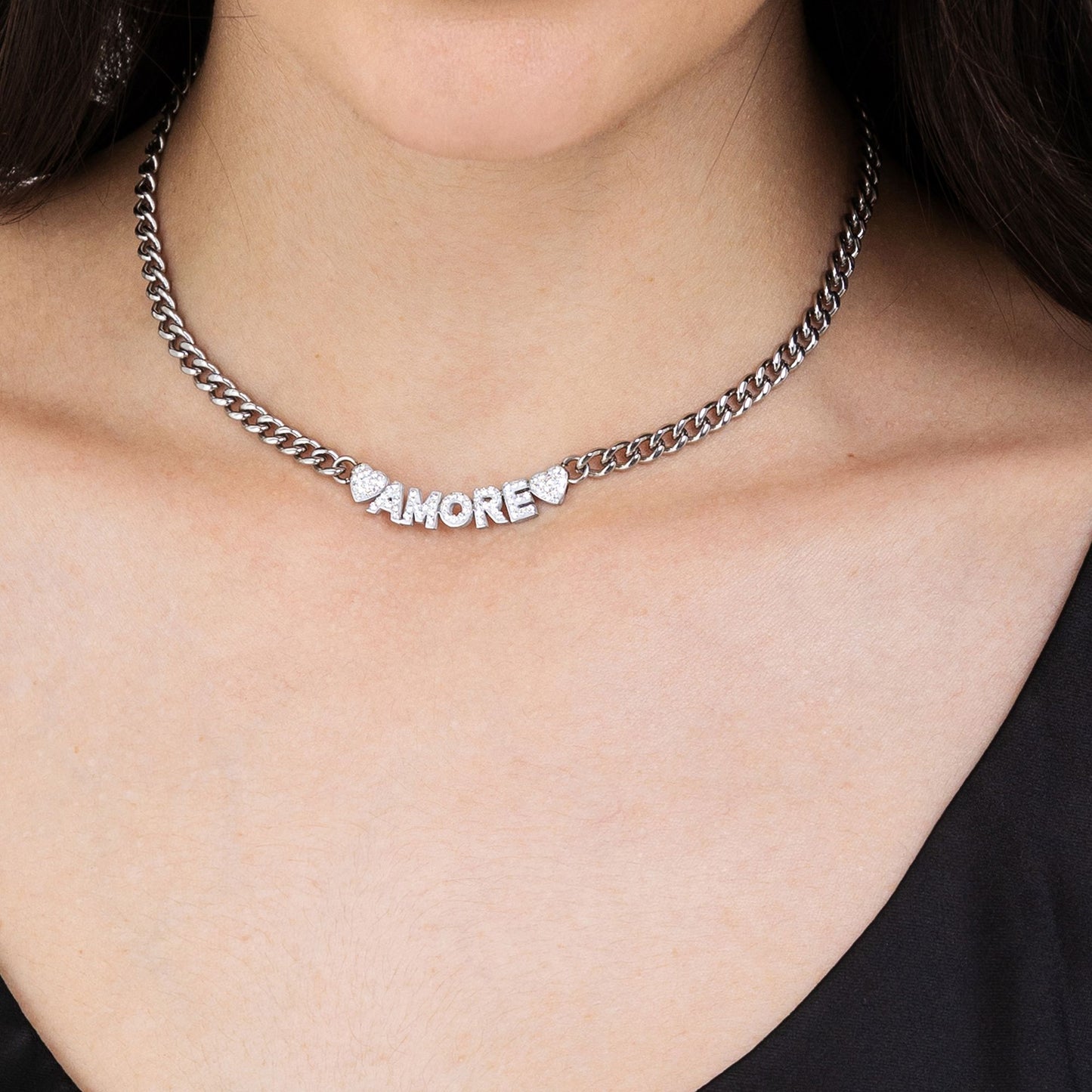 COLLAR DE AMOR DE ACERO PARA MUJER CON CRISTALES BLANCOS