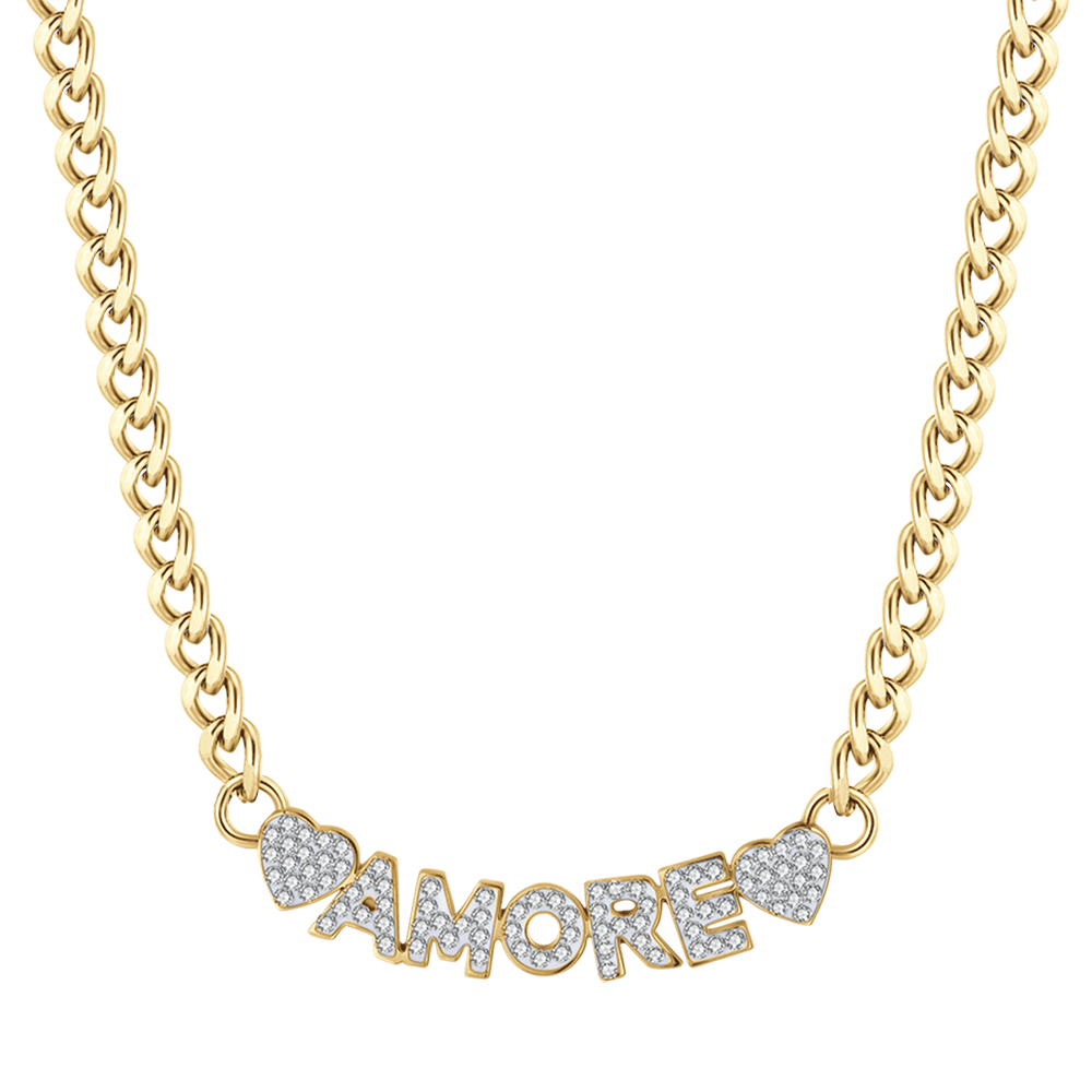 COLLAR DE AMOR DE ACERO DORADO CON CRISTALES BLANCOS