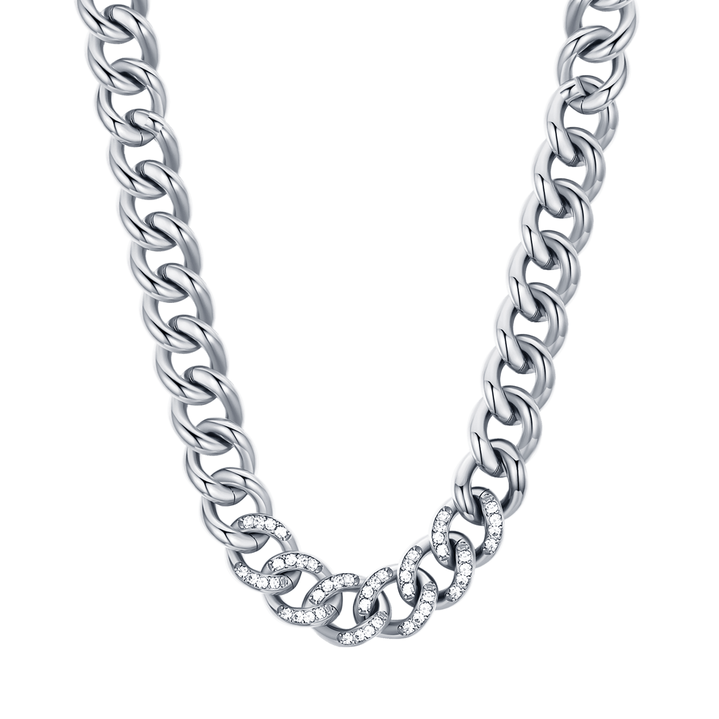 COLLAR DE ACERO PARA MUJER CON ESLABÓN DE CADENA Y CRISTALES BLANCOS