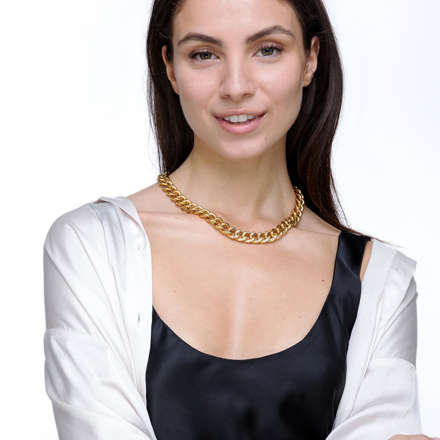 COLLAR DE ACERO PARA MUJER CON ESLABÓN DE CADENA Y CRISTALES BLANCOS