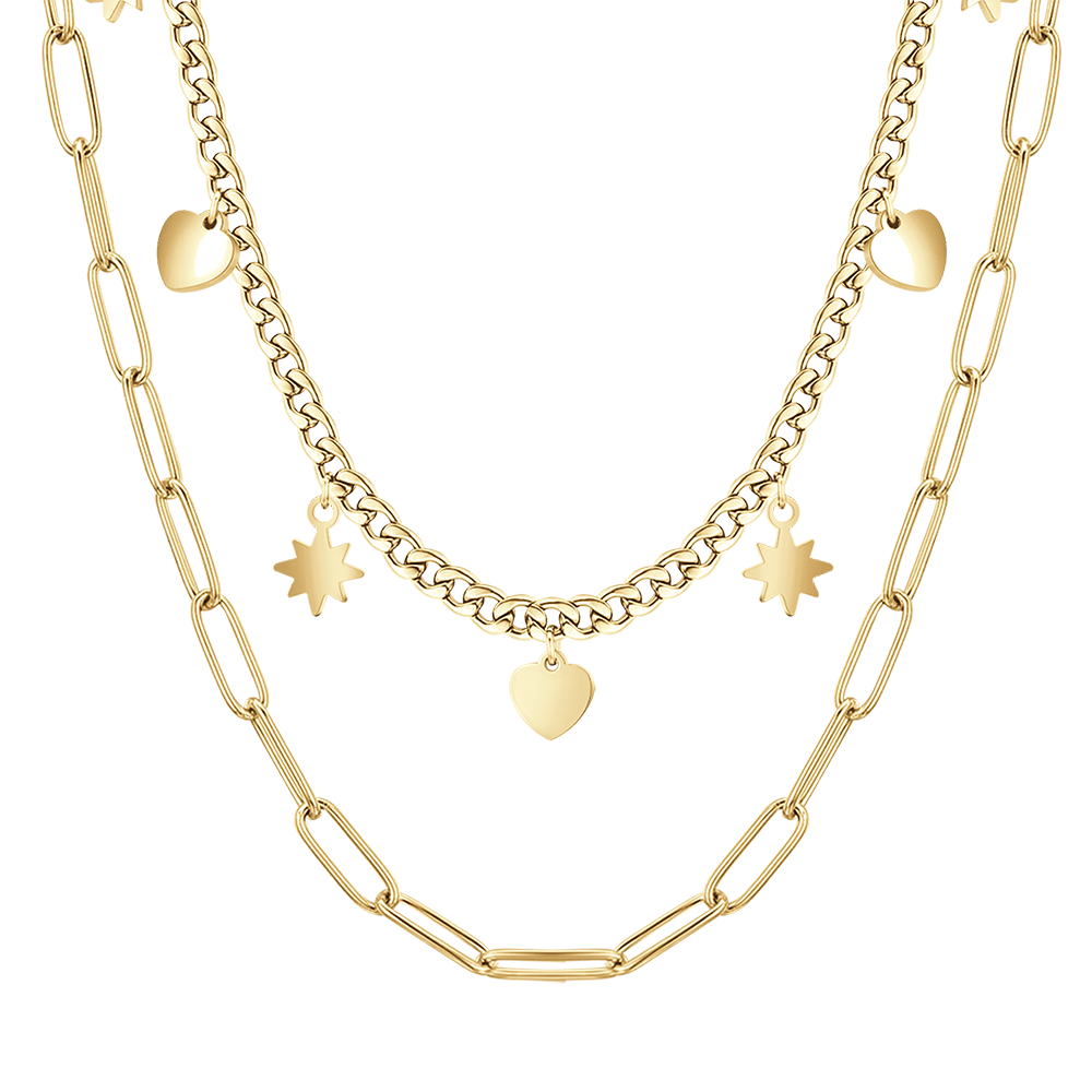 COLLAR DE ACERO IP DE ORO DE VARIAS VUELTAS CON ESTRELLAS Y CORAZONES