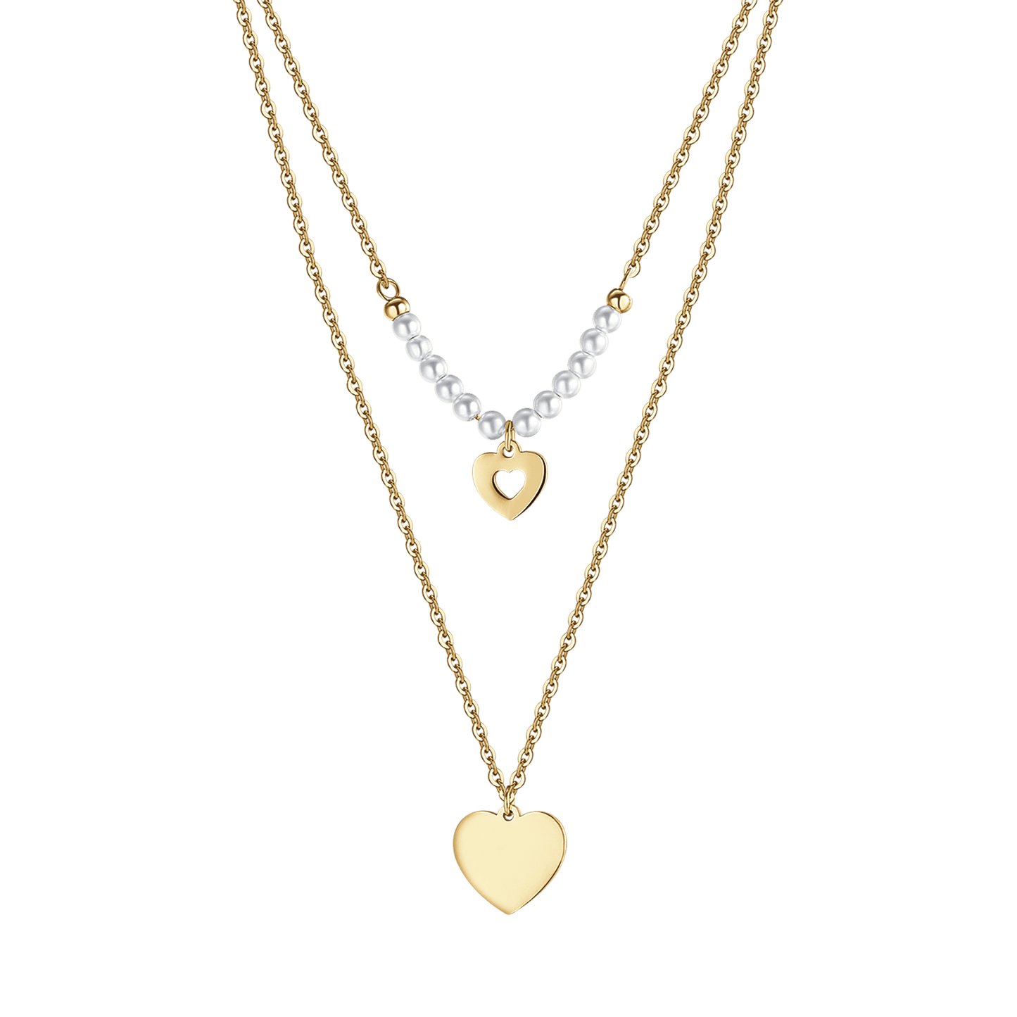IP COLLAR DE ACERO DORADO PARA MUJER CON CORAZONES Y PERLAS BLANCAS