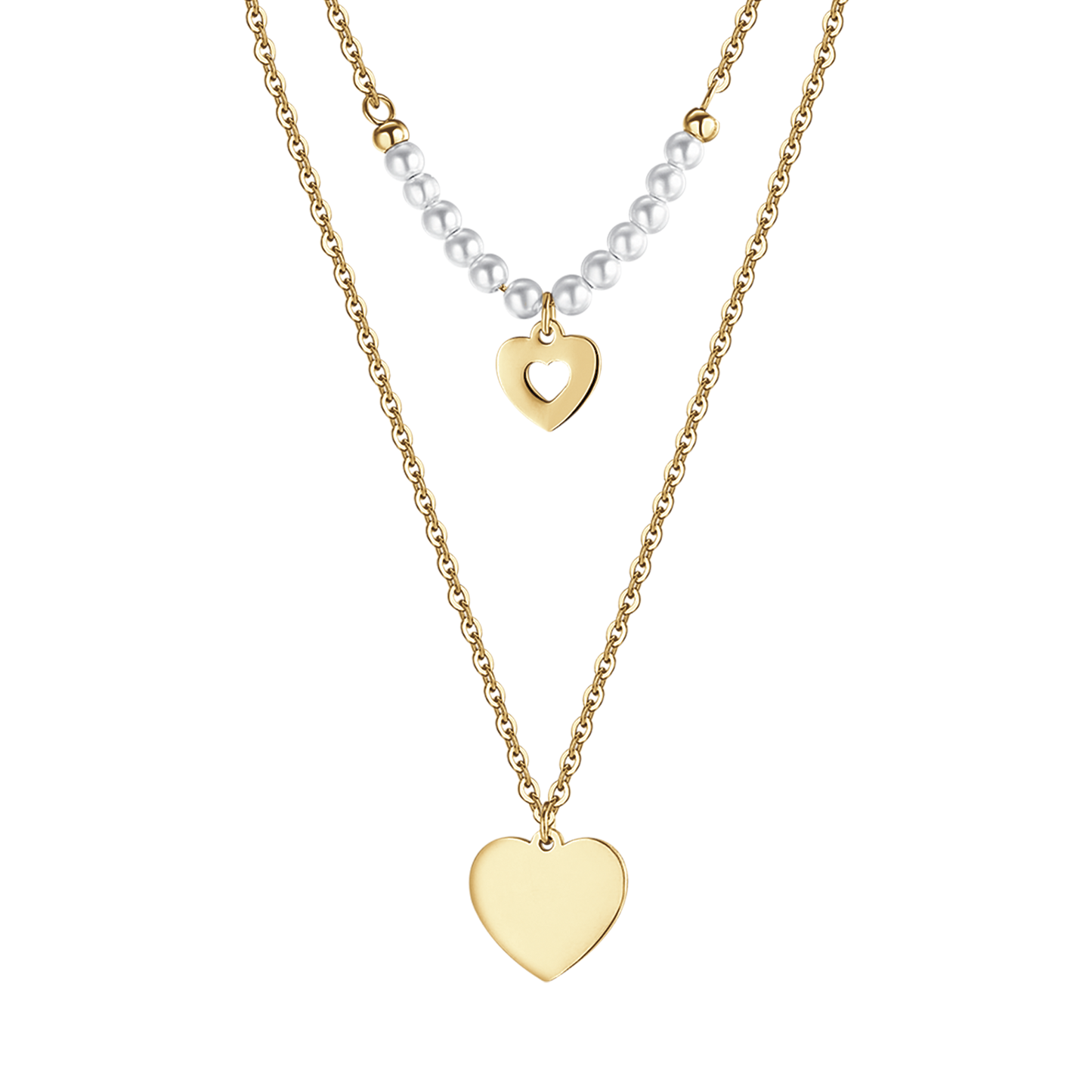 IP COLLAR DE ACERO DORADO PARA MUJER CON CORAZONES Y PERLAS BLANCAS