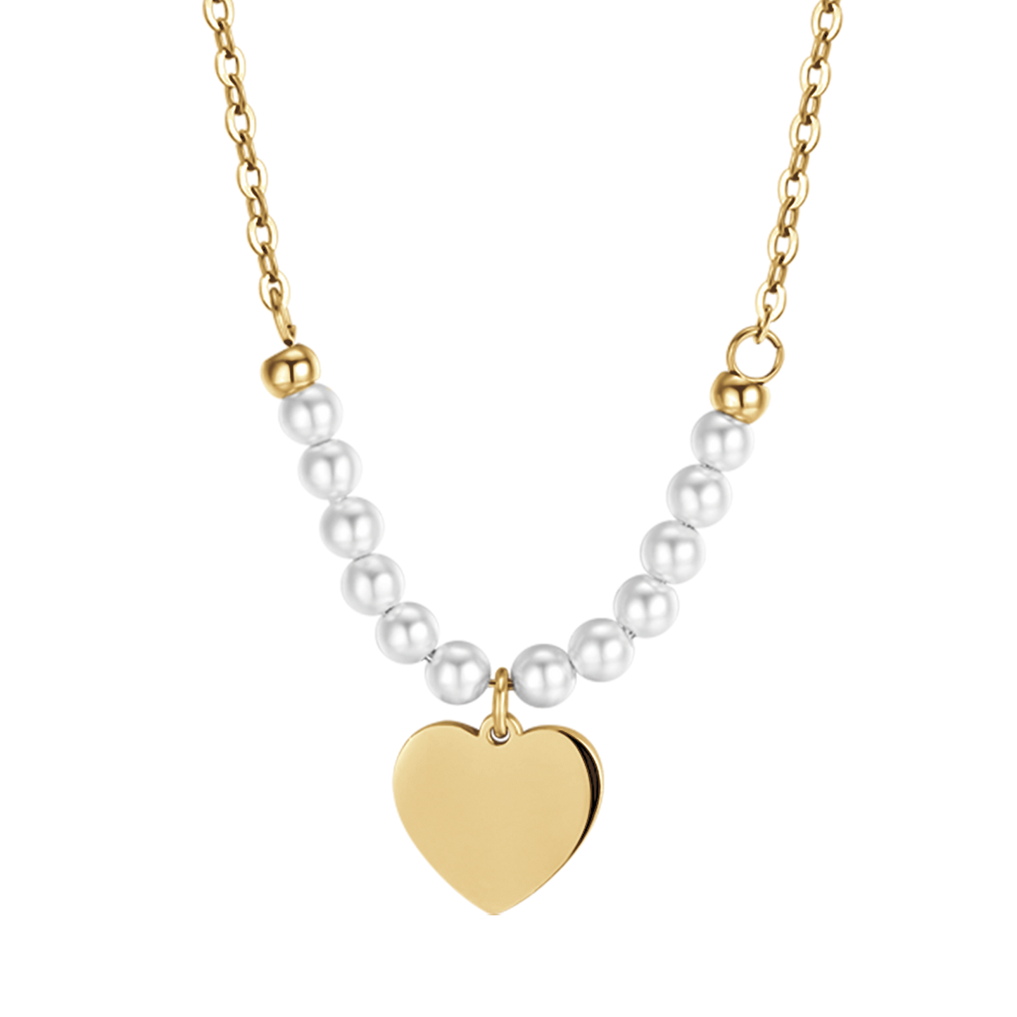 IP COLLAR DE ACERO DORADO PARA MUJER CON CORAZON Y PERLAS BLANCAS