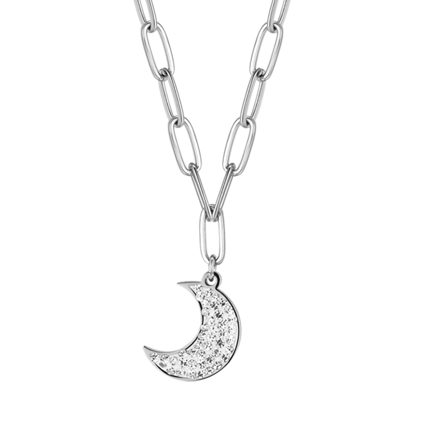 COLLAR DE ACERO PARA MUJER CON LUNA Y CRISTALES BLANCOS