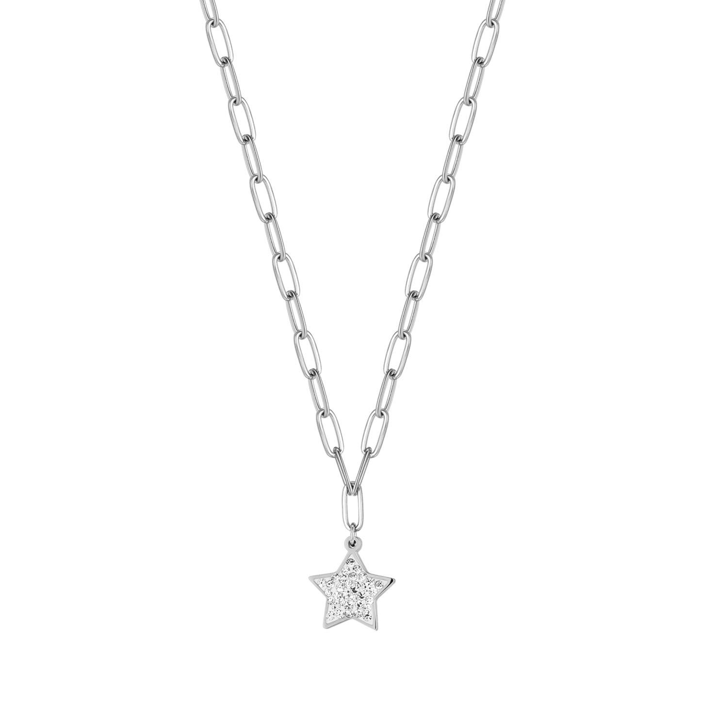 COLLAR DE ACERO PARA MUJER CON ESTRELLA Y CRISTALES BLANCOS Y CADENA DE ESLABONES