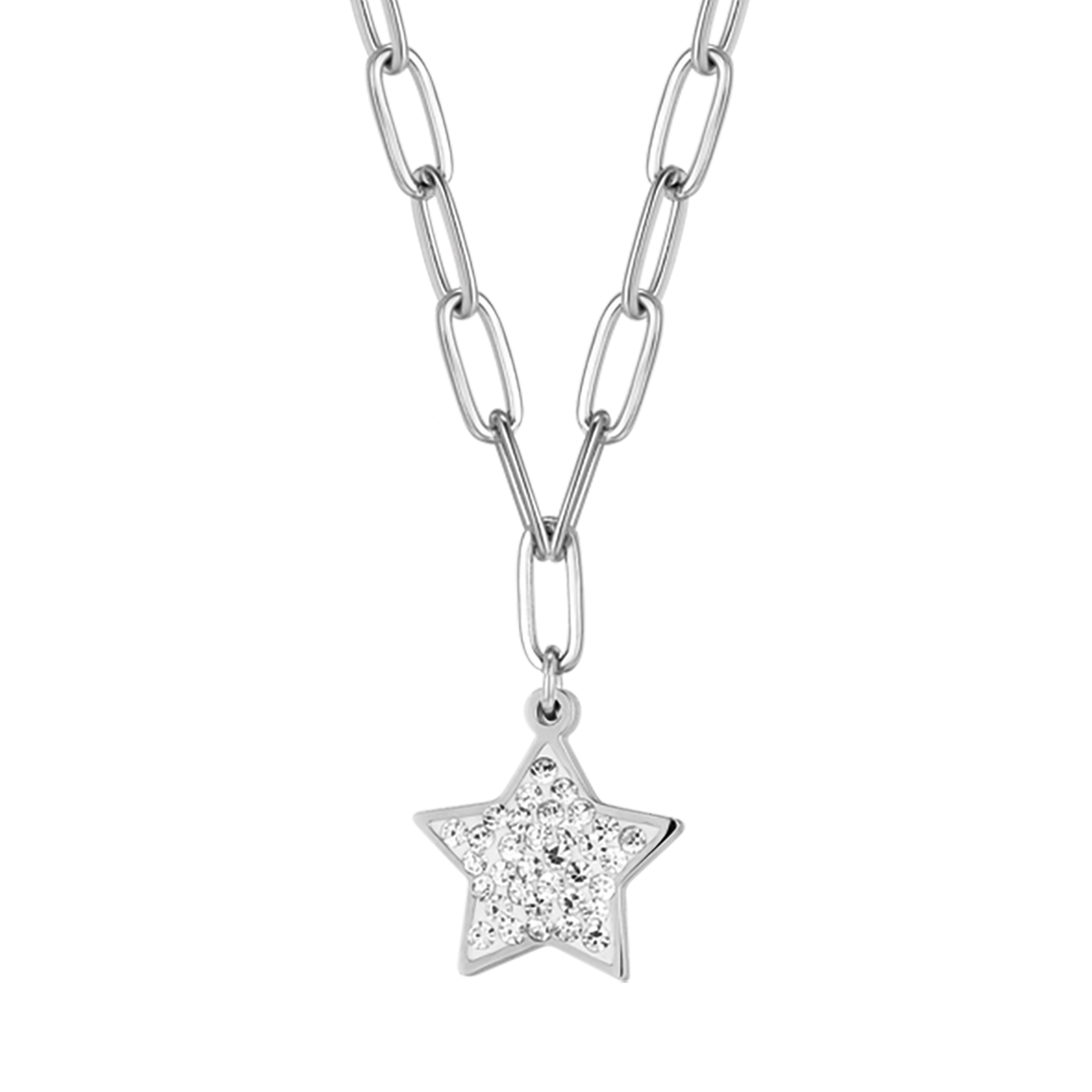 COLLAR DE ACERO PARA MUJER CON ESTRELLA Y CRISTALES BLANCOS Y CADENA DE ESLABONES