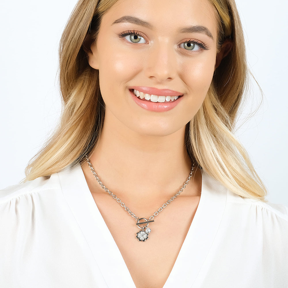 COLLAR DE ACERO PARA MUJER CON TRÉBOL DE CUATRO HOJAS CON CRISTALES BLANCOS
