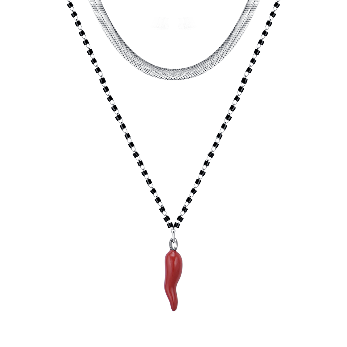 COLLAR DE ACERO PARA MUJER CON CUERNO CON ESMALTE ROJO Y ELEMENTOS NEGROS